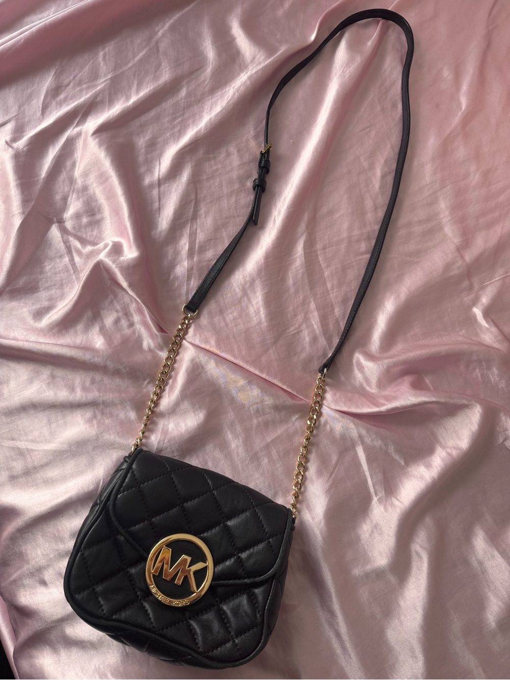 Michael Kors Black Quilted Crossbody with Gold MK Emblem